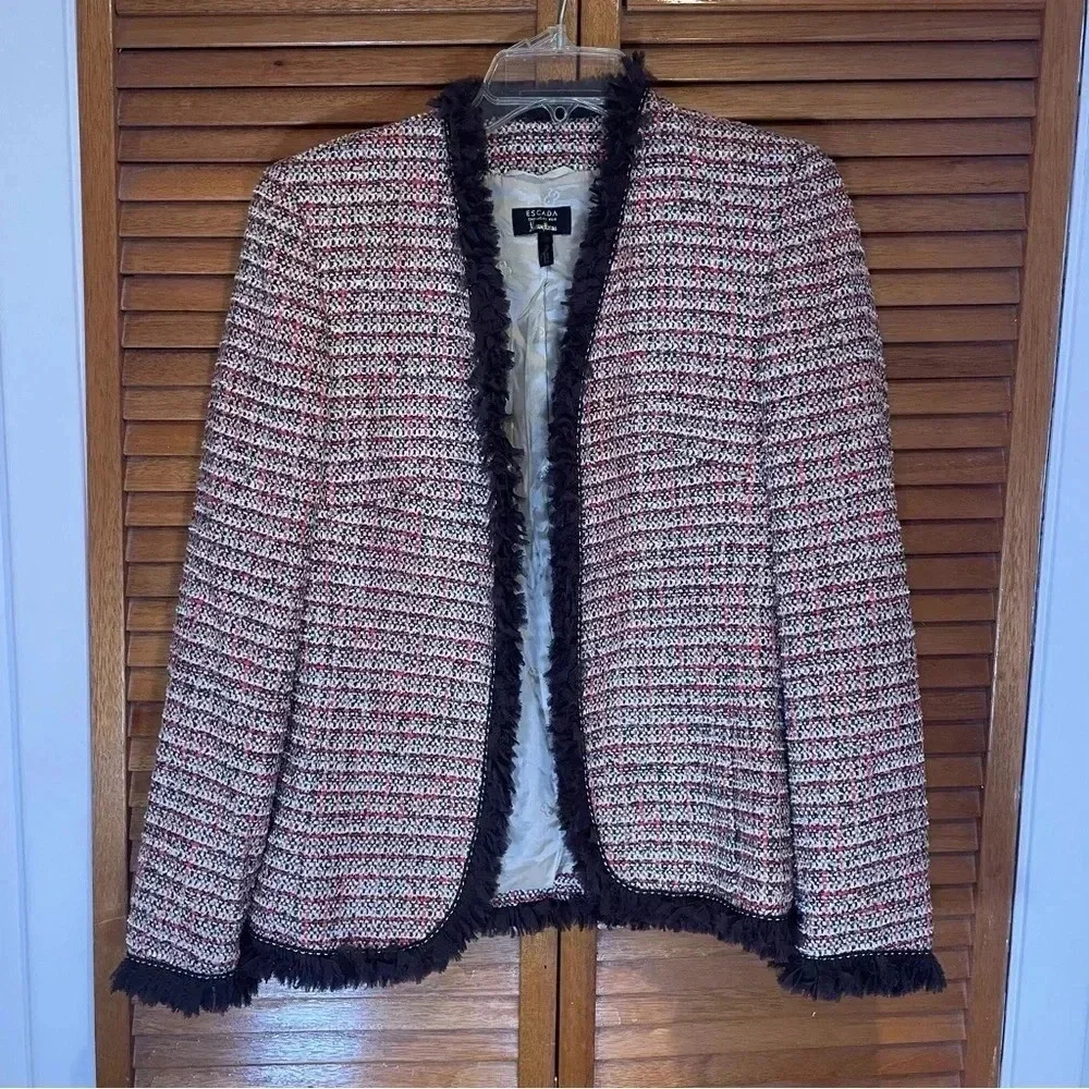 ESCADA Exclusive For Neiman Marcus Tweed Checked Jacket with Brown Trim Size 34 - Picture 1 of 11